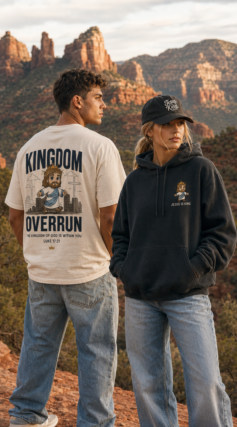 Two models in the Kingdom Overrun tee and Radiant King hoodie against red desert cliffs